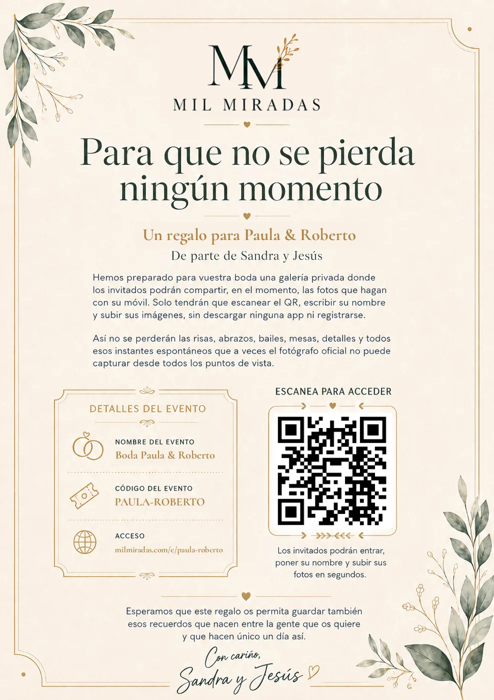 Tarjeta regalo de Mil Miradas creada para una pareja