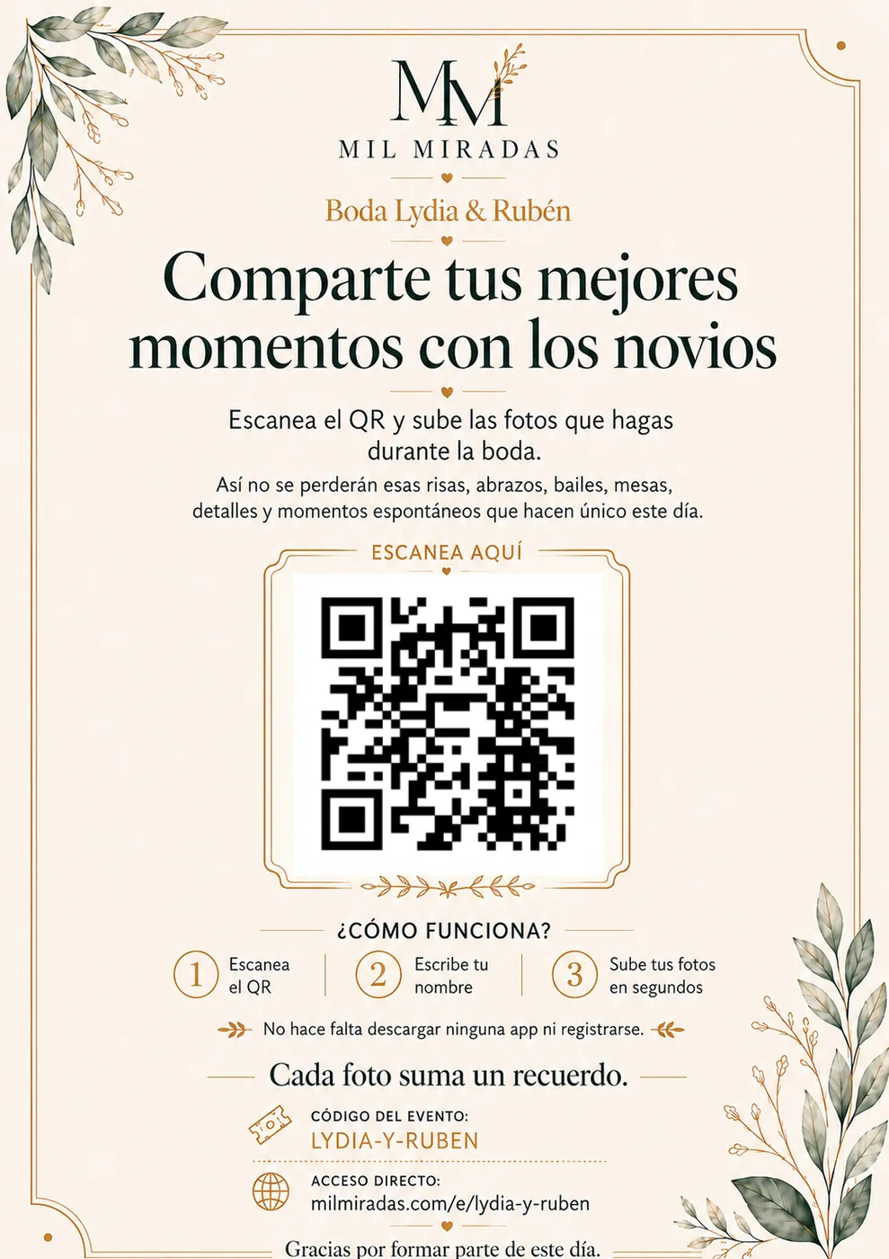 Cartel vertical con QR creado para una boda real