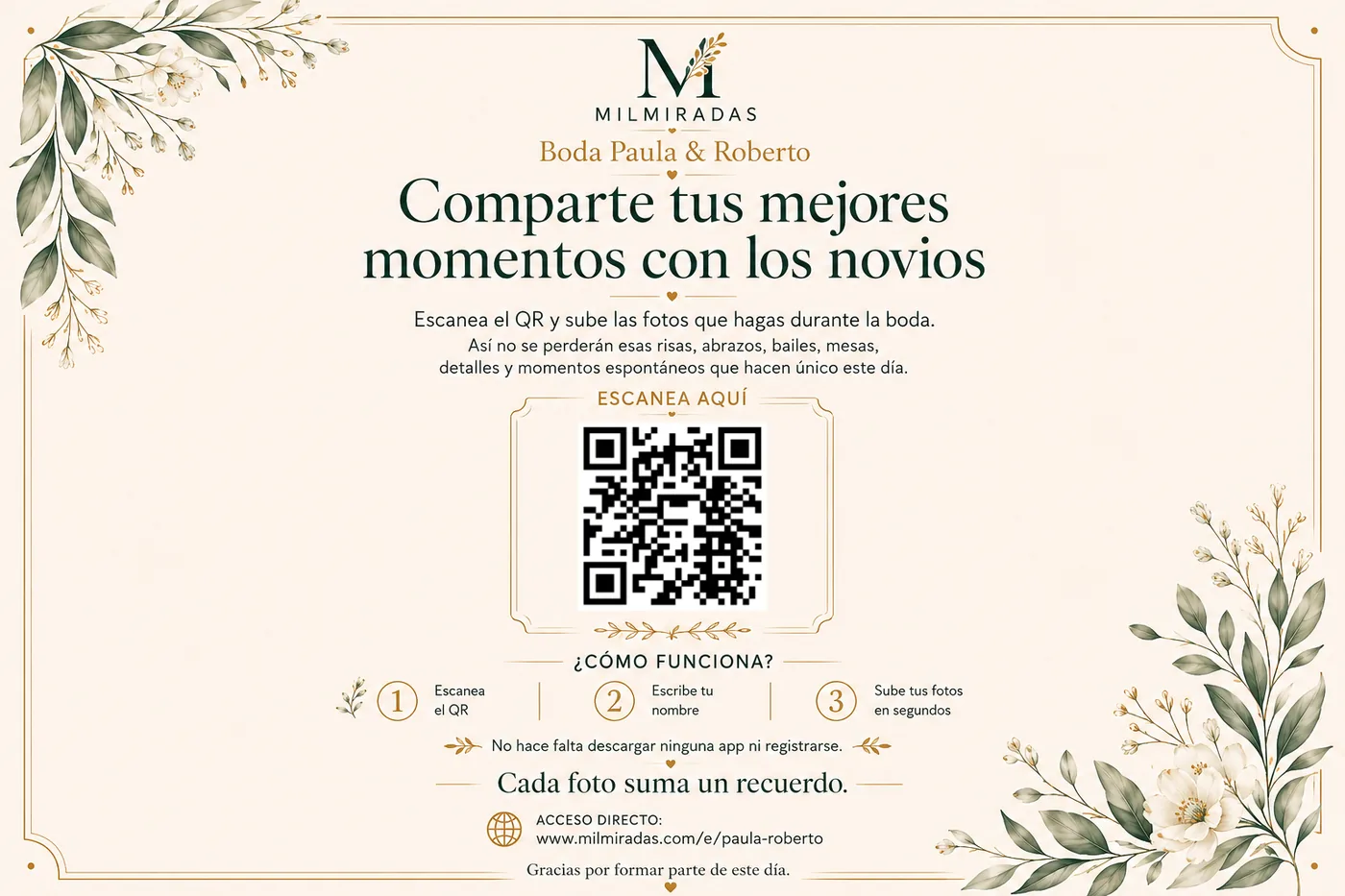 Cartel horizontal con QR creado para una boda real